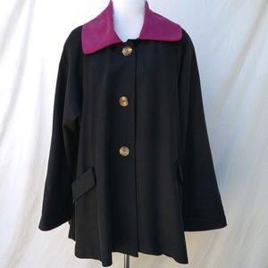 Black Jacket with Pink Collar - Women's Stylish Cape Coat